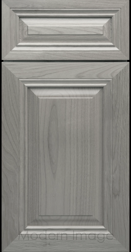 Close-up of a Oyster-stained wood cabinet door with a mitered frame and traditional Cambridge raised center panel.